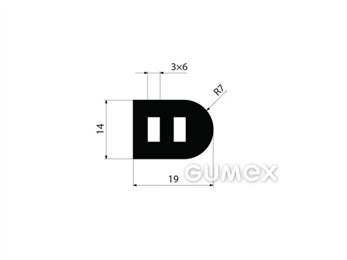 Pryžový profil tvaru "D" 2x dutinka, 14x19/R7mm, 60°ShA, SBR, -40°C/+70°C, černý